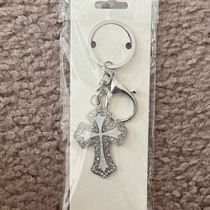Silver Rhinestone Cross Keychain with Mother-of-Pearl Inlay
